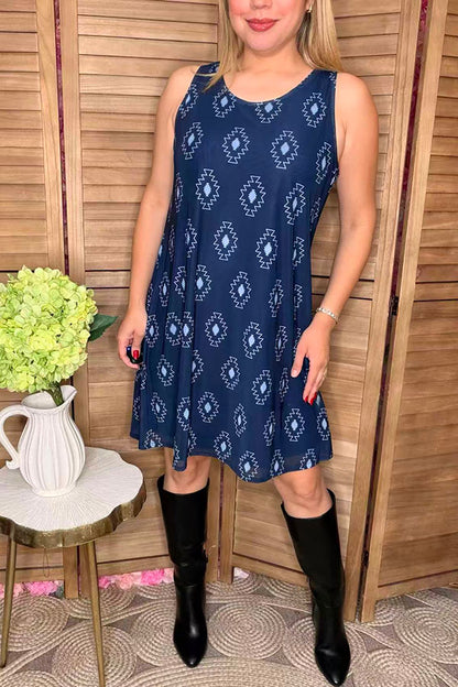 Aztec printed dark blue background sleeveless women dress YMY13971