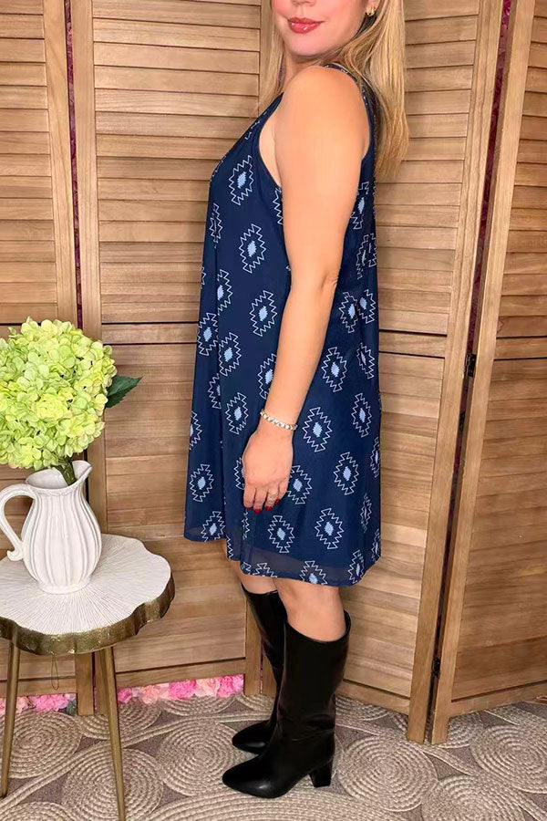 Aztec printed dark blue background sleeveless women dress YMY13971