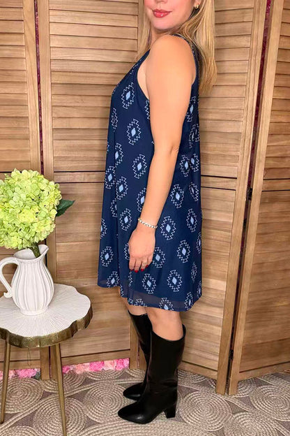 Aztec printed dark blue background sleeveless women dress YMY13971