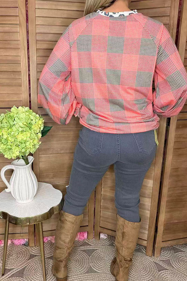Western pluse size leopard & checked printed raglan long sleeve women blouse YMY14151