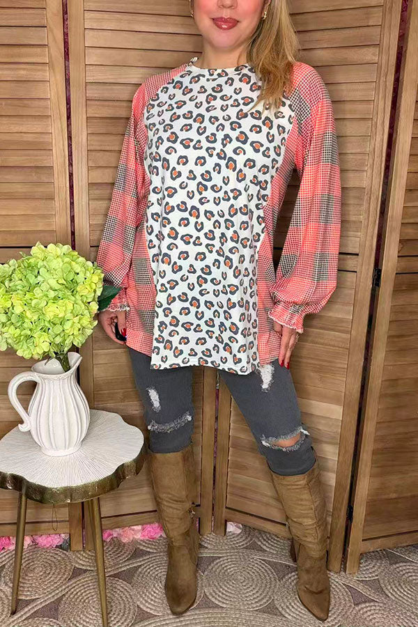 Western pluse size leopard & checked printed raglan long sleeve women blouse YMY14151