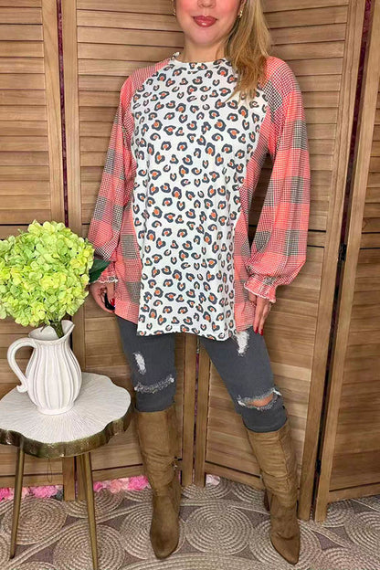 Western pluse size leopard & checked printed raglan long sleeve women blouse YMY14151
