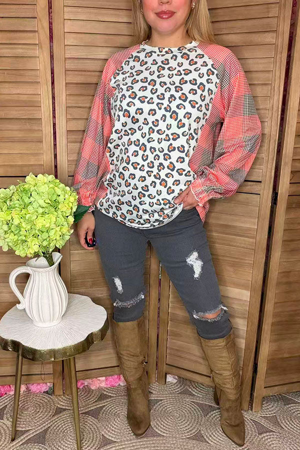 Western pluse size leopard & checked printed raglan long sleeve women blouse YMY14151