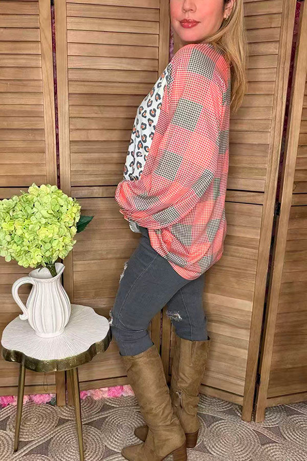 Western pluse size leopard & checked printed raglan long sleeve women blouse YMY14151