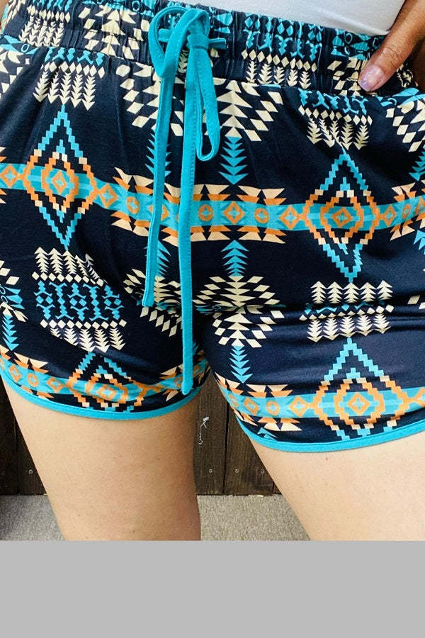 YMY14315 Turquoise Aztec printed women shorts w/adjustable waist strap