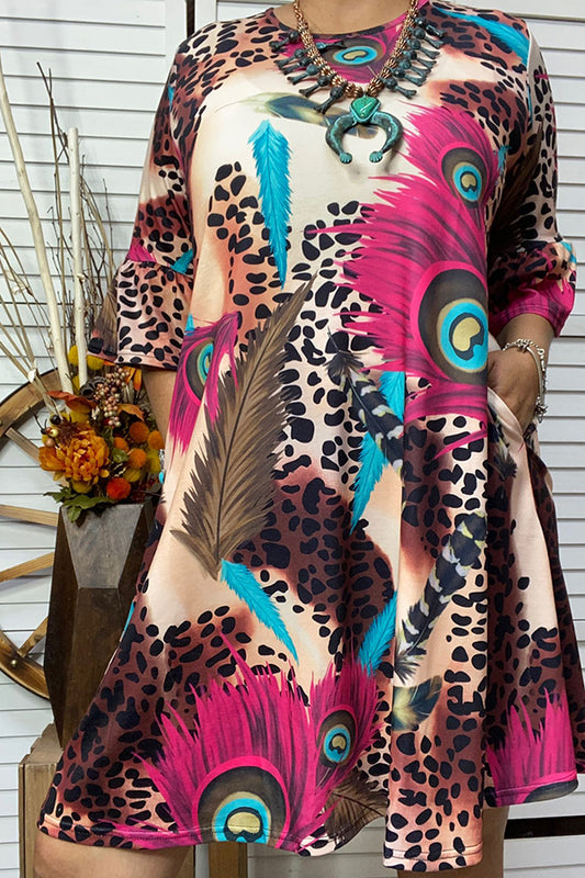 YMY14326 Leopard & Feather printed dress w/pocket