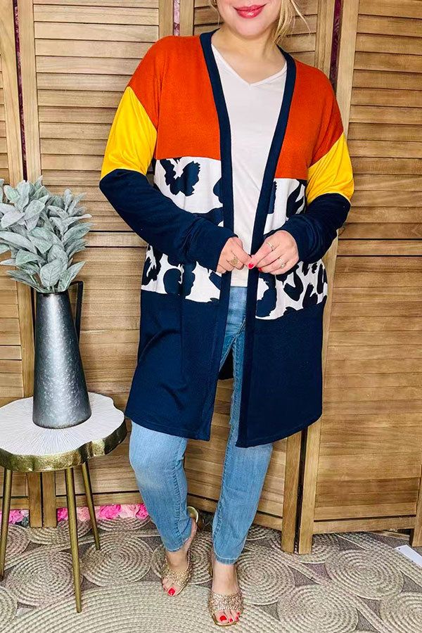 Navy/yellow/brown & leopard color block women cardigan w/side pockets YMY15482