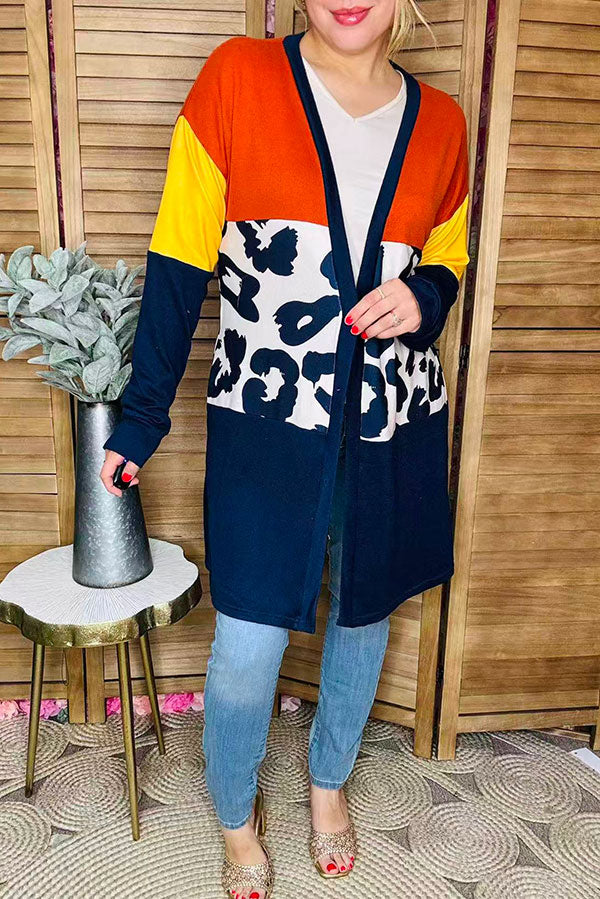 Navy/yellow/brown & leopard color block women cardigan w/side pockets YMY15482