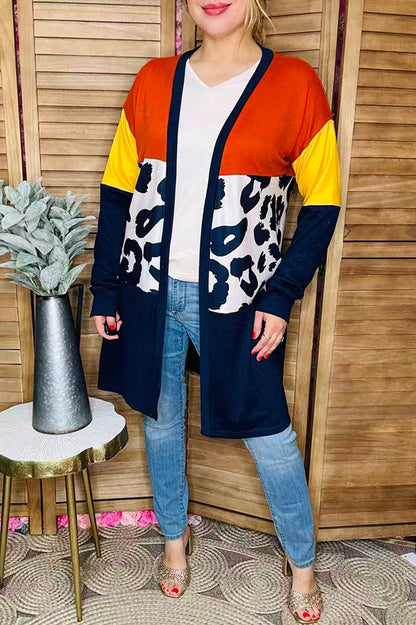 Navy/yellow/brown & leopard color block women cardigan w/side pockets YMY15482