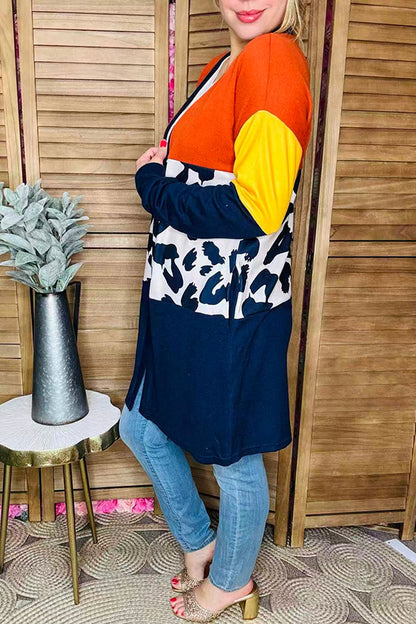 Navy/yellow/brown & leopard color block women cardigan w/side pockets YMY15482