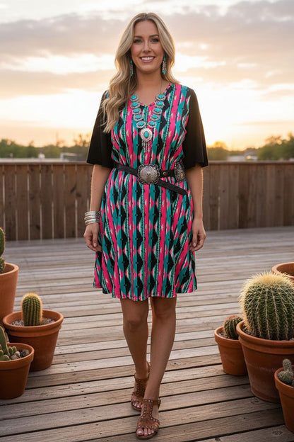 Western patchwork serape black short sleeve women boutique dress YMY15527