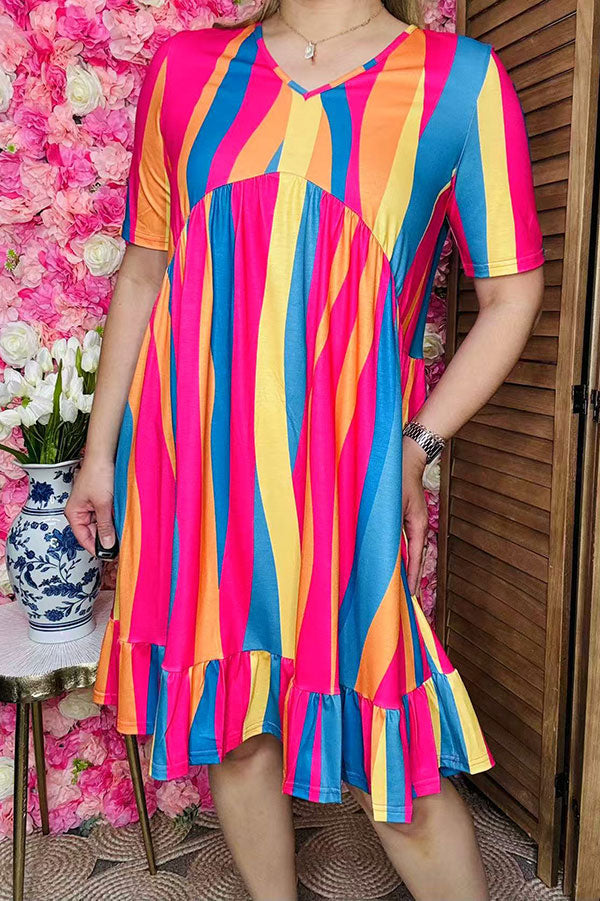 Buy women's dress Multicolor striped short sleeves & ruffle hem YMY16003