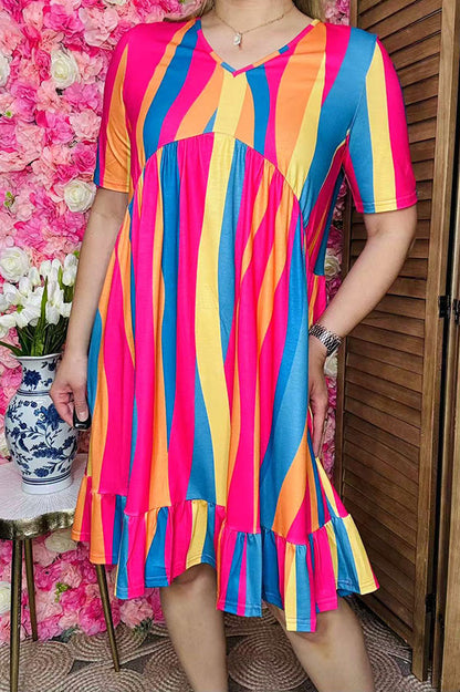 Buy women's dress Multicolor striped short sleeves & ruffle hem YMY16003