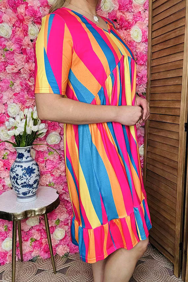 Buy women's dress Multicolor striped short sleeves & ruffle hem YMY16003