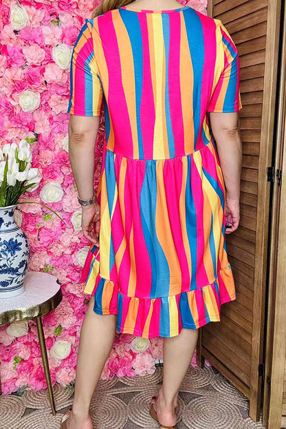 Buy women's dress Multicolor striped short sleeves & ruffle hem YMY16003
