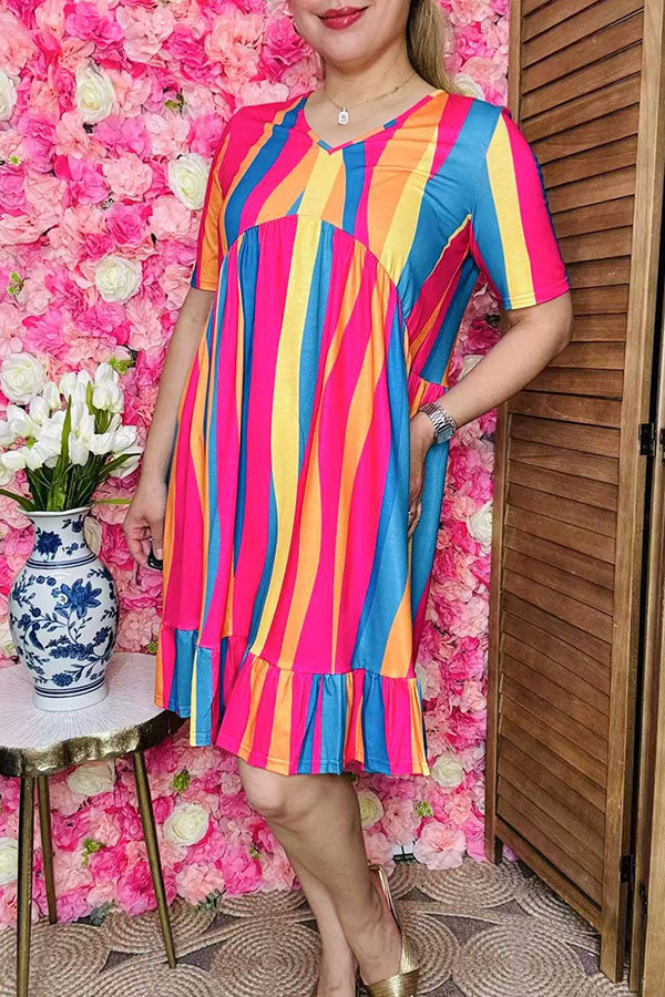 Buy women's dress Multicolor striped short sleeves & ruffle hem YMY16003