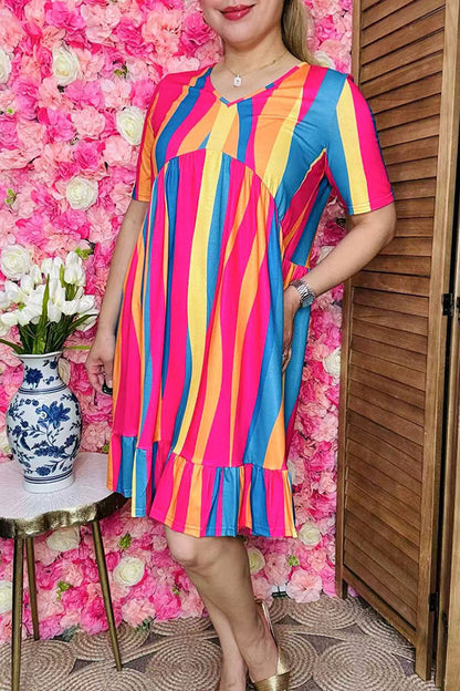 Buy women's dress Multicolor striped short sleeves & ruffle hem YMY16003