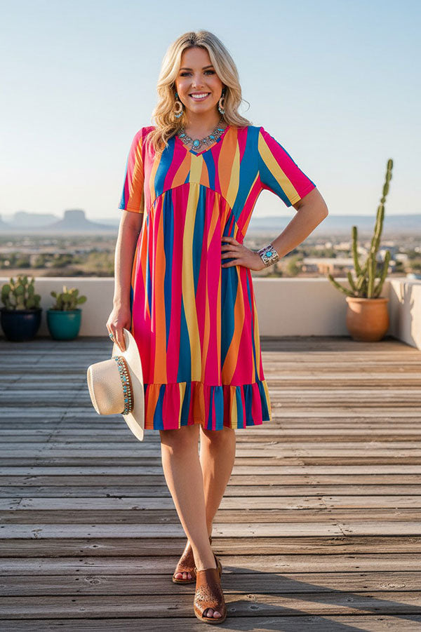 Western chic striped short sleeves ruffle women boutique dress YMY16003