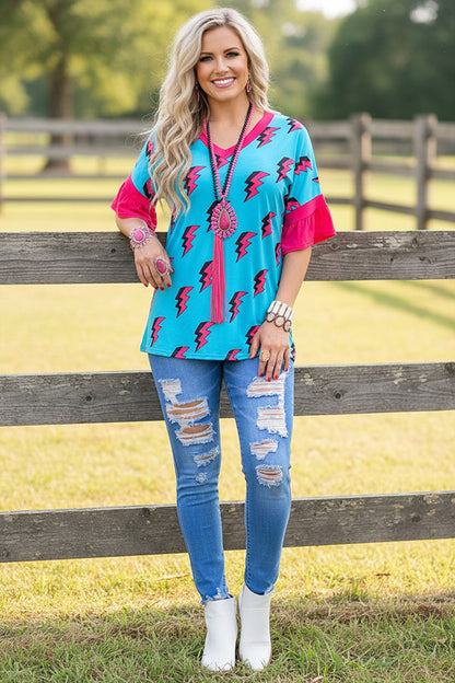 Western turquoise flash print fuchsia ruffle short sleeve women's boutique top YMY8795