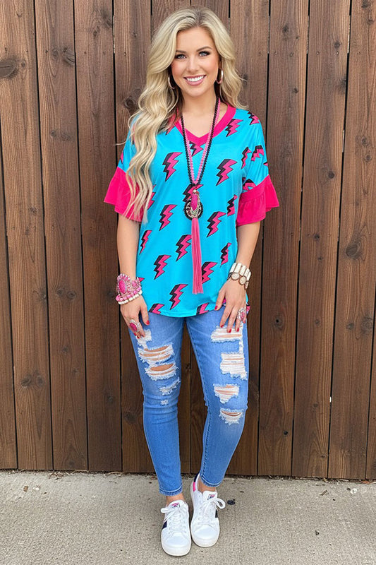 Western turquoise flash print fuchsia ruffle short sleeve women's boutique top YMY8795