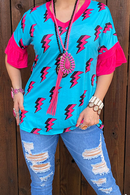Western turquoise flash print fuchsia ruffle short sleeve women's boutique top YMY8795