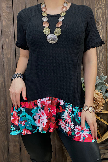 YMY9406 Black short sleeve women top w/floral printed ruffle