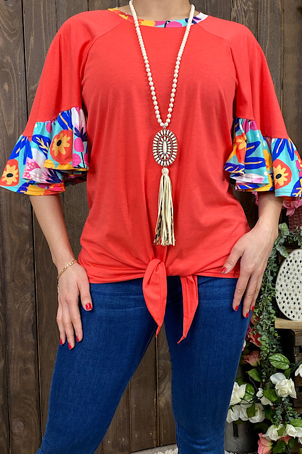 YMY9691 Coral blouse w/multi color floral printed 3/4 sleeves