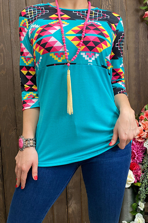 YMY9716 Turquoise/multicolor Aztec printed top w/ 3/4 sleeves