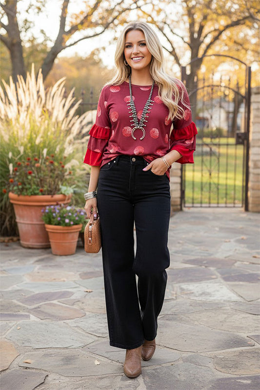 Western burgundy polka dot w/red ruffle 3/4 sleeve women's boutique top YMY9810-2