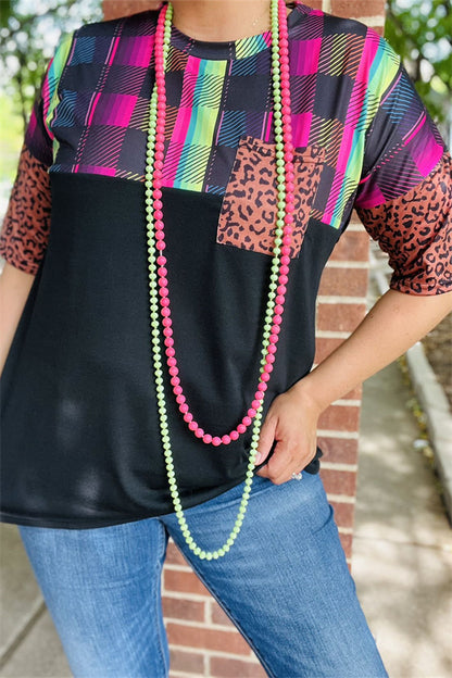 Plaid/purple leopard multi color black short sleeve women top YMY9947