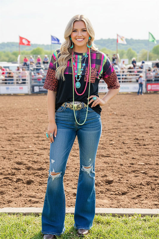 Plaid/purple leopard multi color black short sleeve women top YMY9947