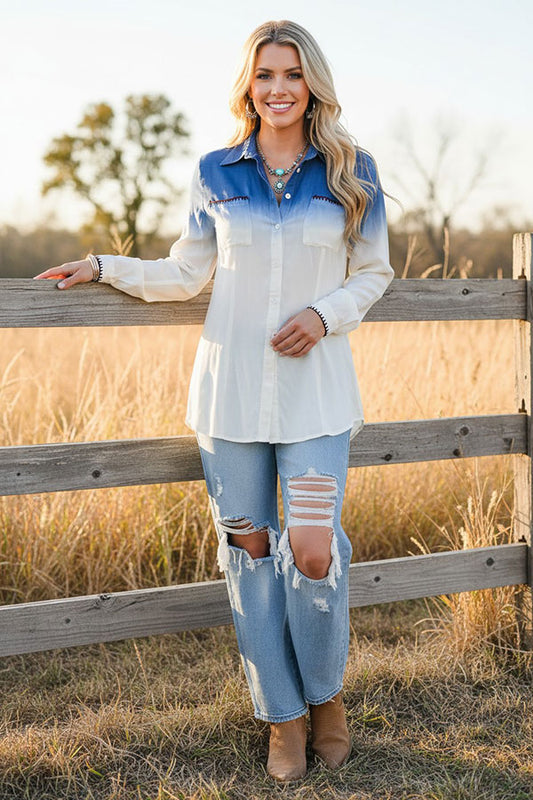 Western blue tie dyed button down women's boutique blouse YT1030