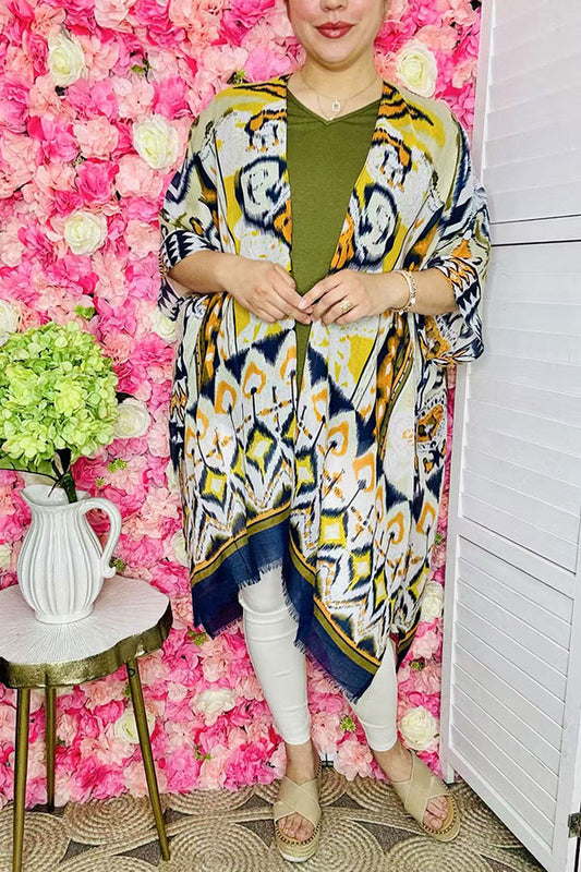 Western prints duster Yellow & blue multi printed kimono YZ161497