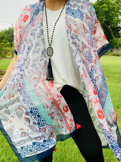 YZ170107 Paisley/floral kimono w/navy blue trim & tassels