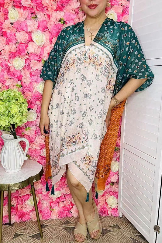 Soft duster wholesale Teal/Orange paisley printed kimono w/tassels YZ170283