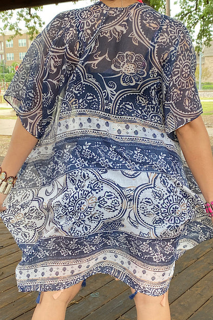 YZ192032 Navy blue & beige multi print kimono 3pc-$12