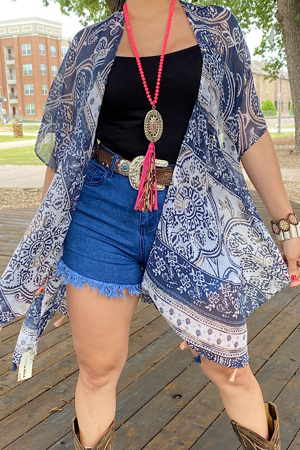 YZ192032 Navy blue & beige multi print kimono 3pc-$12