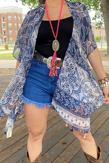 YZ192032 Navy blue & beige multi print kimono 3pc-$12