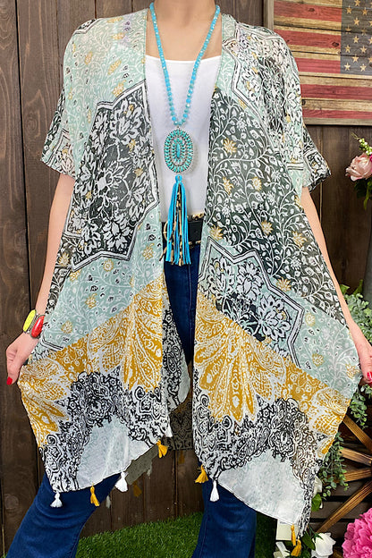 YZ207016 Black/yellow multi pattern printed kimono 3pc-$12