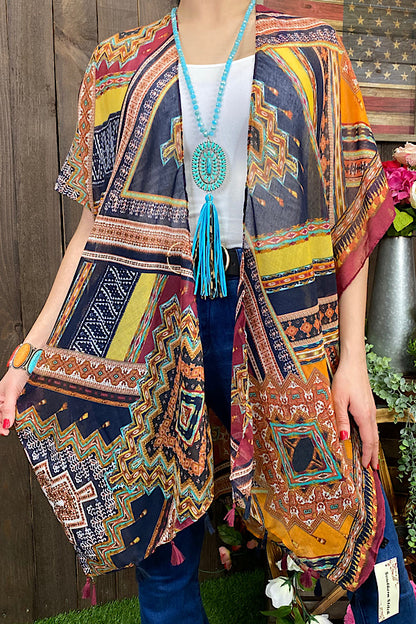 Western block tribal printed kimono w/tassels 3pc-$12  YZ207033