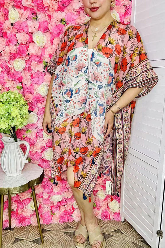 Women's duster wholesaler Multi-color floral printed kimono with tassels YZ213071