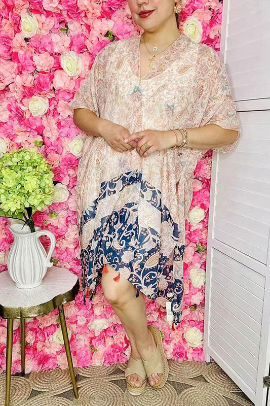 Wholesale women's duster Cream paisley & blue printed kimono YZ213177