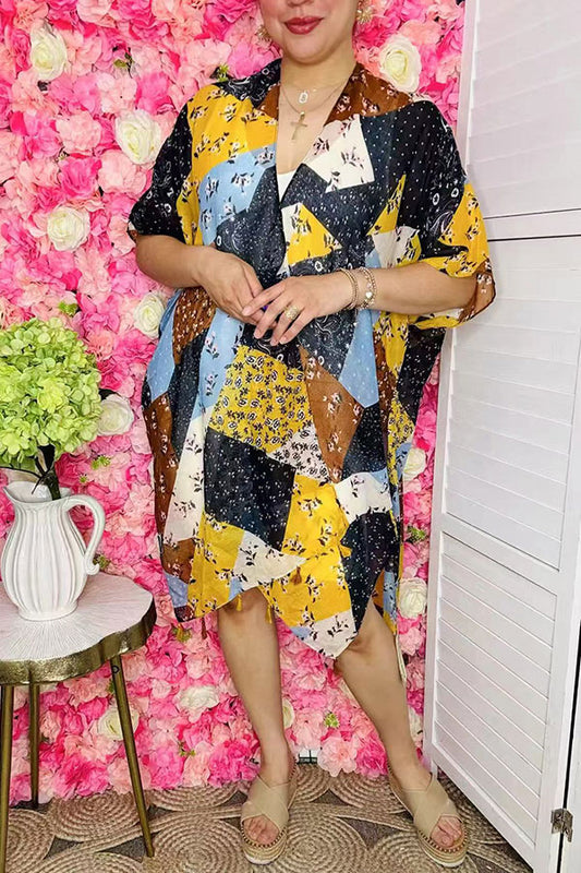 Women's duster Multi color block floral & polka dot printed kimono w/tassels YZ213203