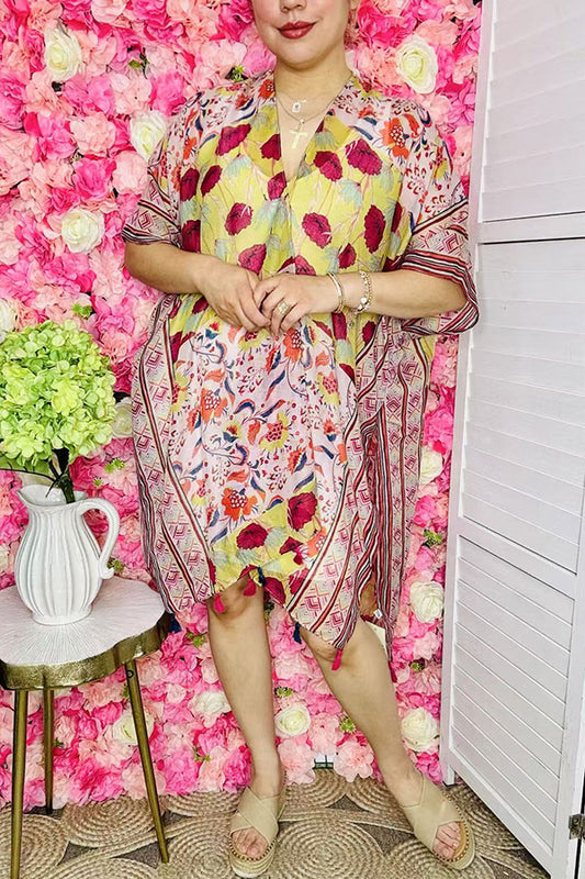 Women's duster wholesale online Floral printed kimono w/tassels YZ213208