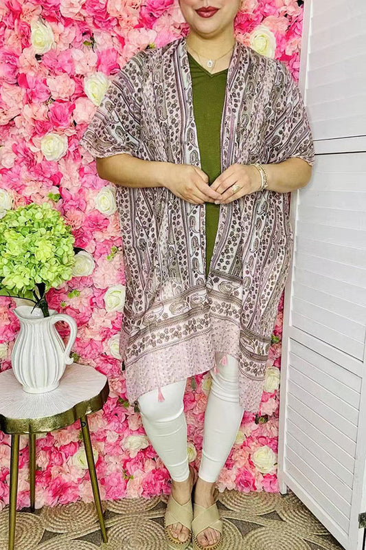 Long dustern wholesale Brown paisley printed kimono w/tassels YZ213211