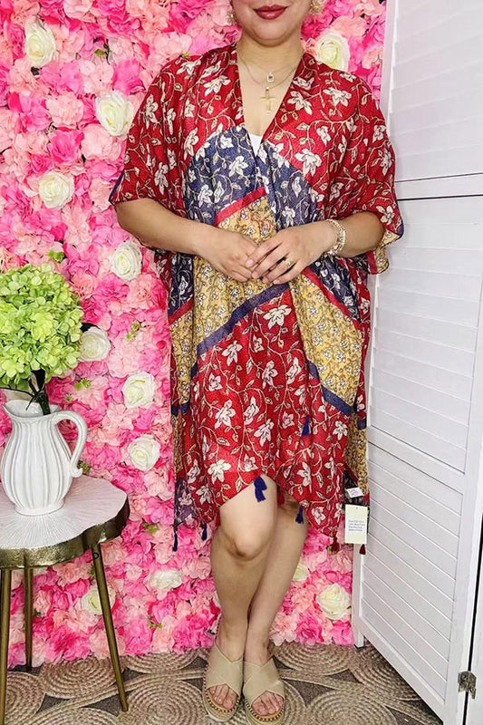 Women's duster suppliers Multi color block floral printed  kimono YZ213212