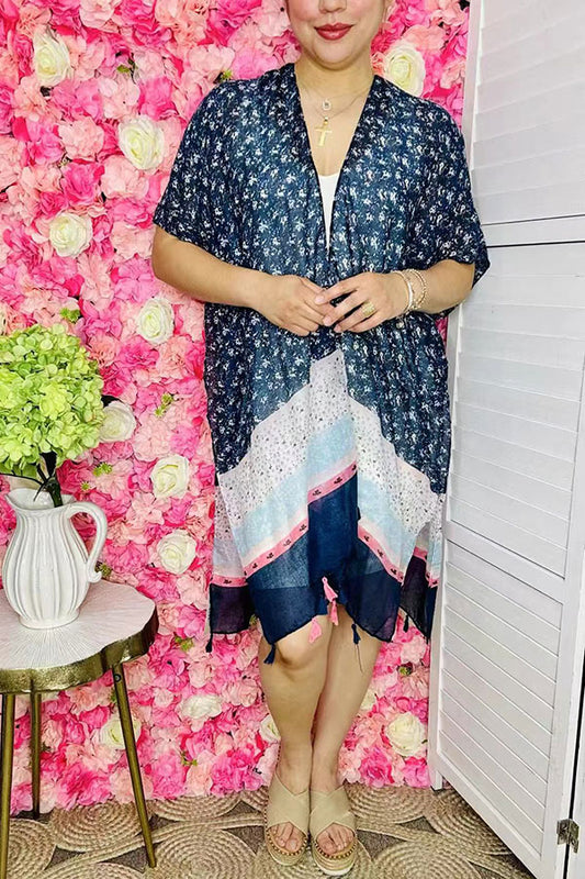 Women's duster suppliers Navy blue & pink printed kimono with tassels YZ225020