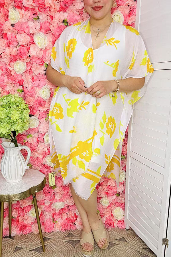 Spring women's duster wholesale Yellow/white floral kimono ZJ7275