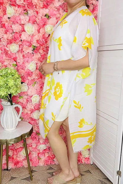 Spring women's duster wholesale Yellow/white floral kimono ZJ7275