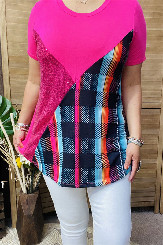 FW10361 Checked multi color printed solid fuchsia side sequin short sleeve women tops